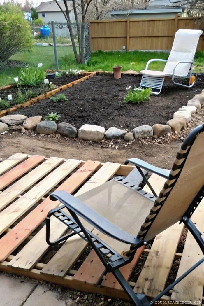 Terrasse en bois avec fauteuil inclinable face à des plates-bandes bordées de pierres, entourées de pelouse et d’une clôture pour l’intimité.