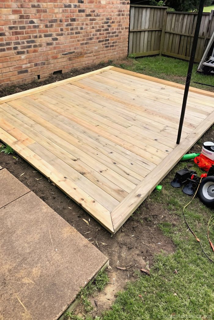 Terrasse DIY en palettes en cours de construction avec lames de bois clair, bords nets, entourée de terrain non aménagé et matériel de bricolage.