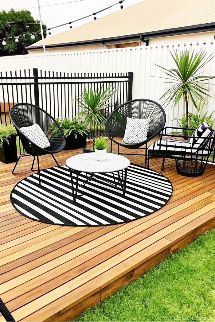 Terrasse en palettes avec tapis rayé noir et blanc, chaises en métal, et plantes en pots créant un superbe coin salon dehors.