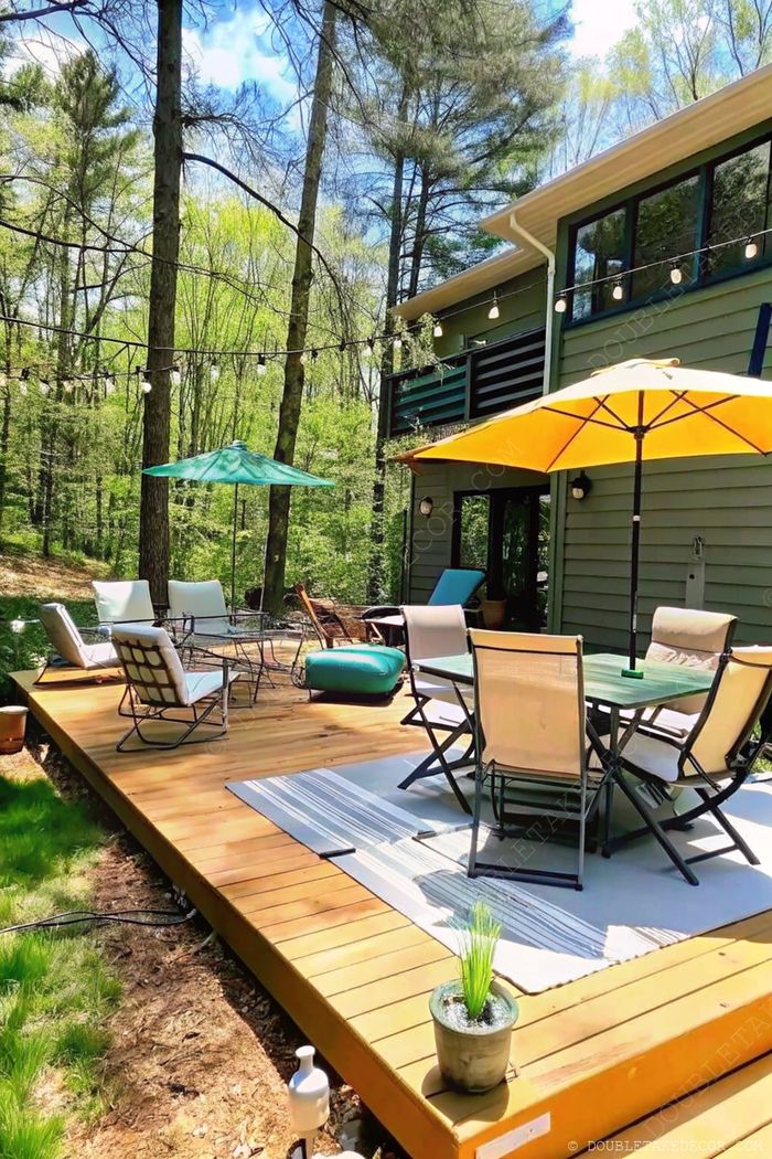 Terrasse en bois avec coin repas, espace salon, parasols jaune et turquoise, guirlandes lumineuses et plantes en pot dans la verdure.