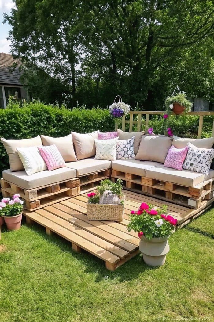 Canapé d’angle rustique en palettes avec coussins beige et roses sur terrasse en bois, entouré de fleurs et de verdure.