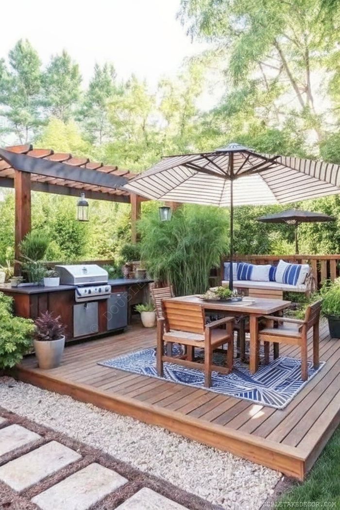 Terrasse en palettes avec table à manger, tapis à motifs, cuisine extérieure, pergola et aménagement paysager parfaits pour recevoir.