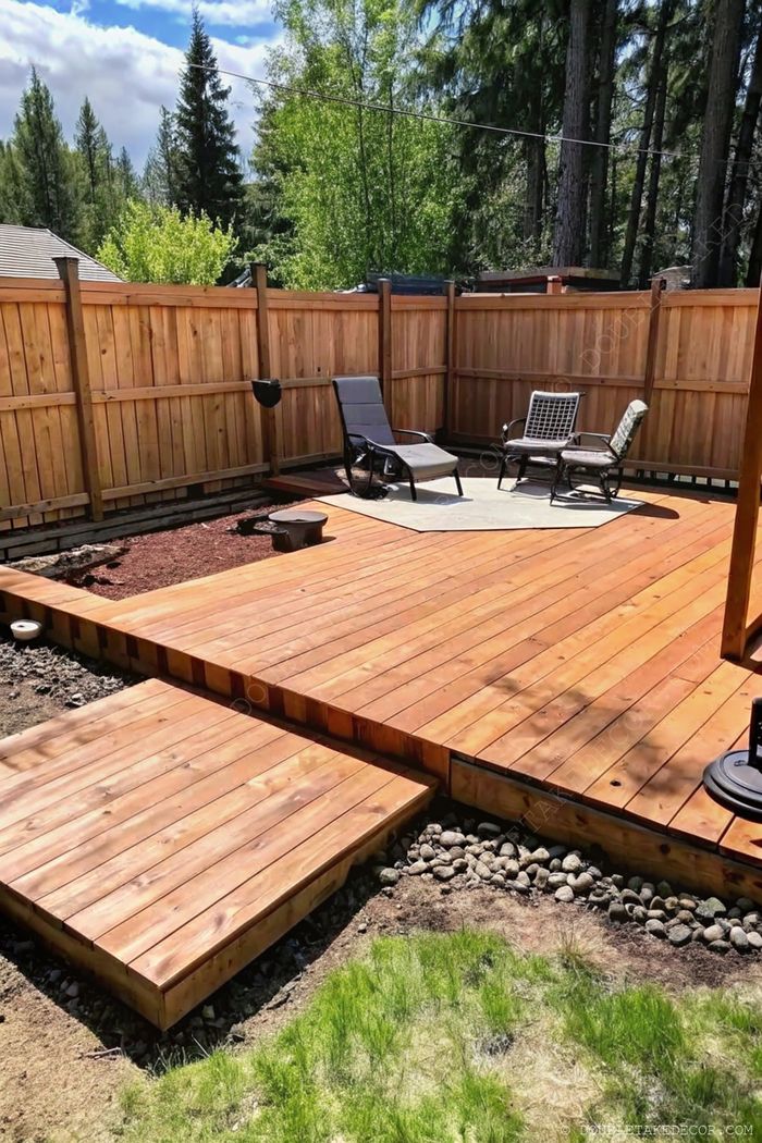 Terrasse cosy en bois avec deux lits de repos, tapis extérieur et petite table, entourée de clôture et de verdure luxuriante.