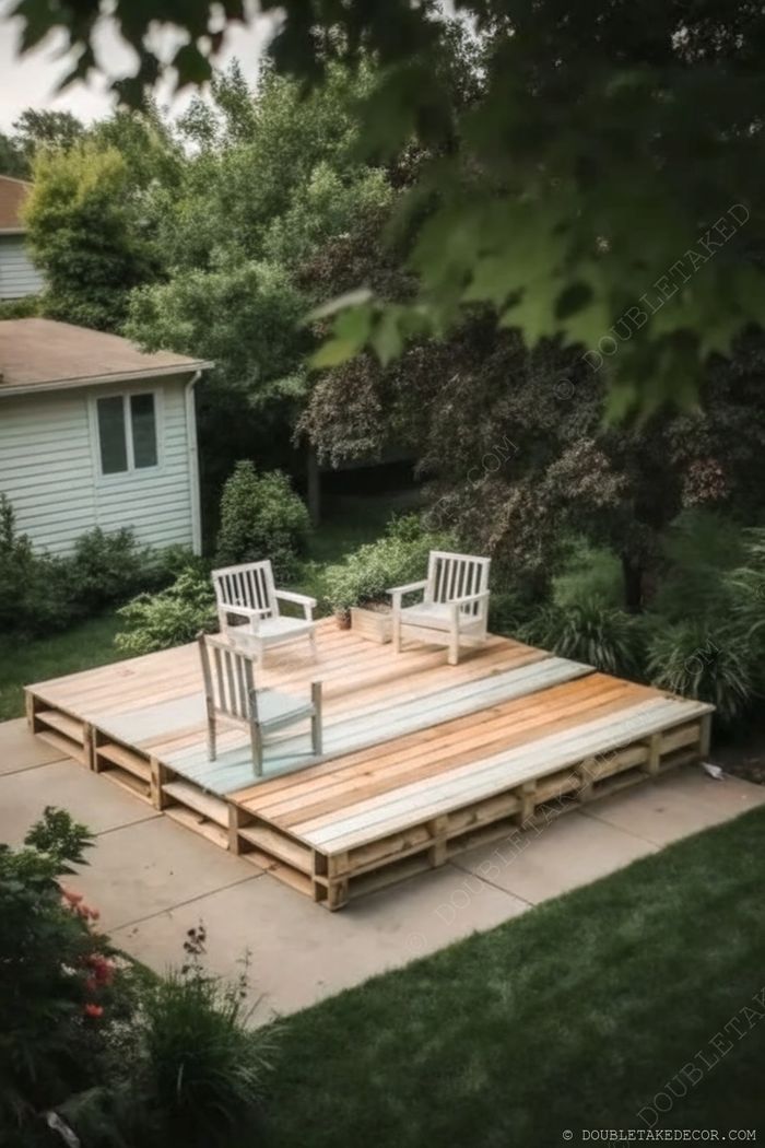 Terrasse surélevée en palettes avec chaises blanches entourée de verdure, créant un espace extérieur paisible près d’une maison claire.