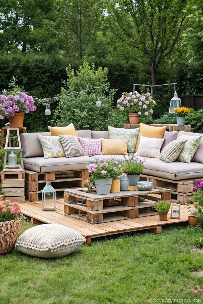 Banquette en L en palettes avec coussins colorés, table basse en bois, plantes et guirlandes lumineuses pour un espace lounge extérieur cosy.