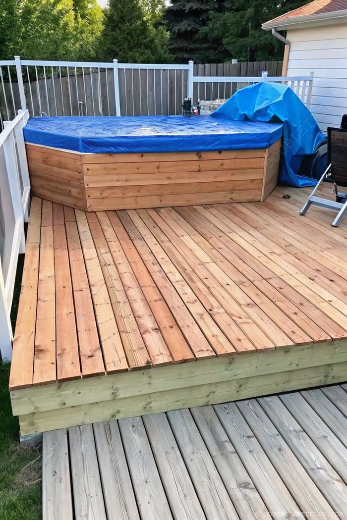 Terrasse en bois chaud avec jacuzzi partiellement couvert, entouré de clôture blanche, créant un espace élégant et privé.