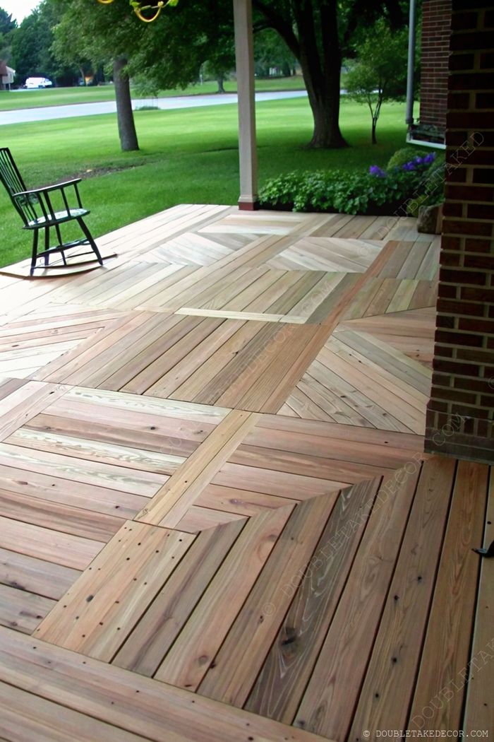 Sol de patio en bois avec motifs travaillés et contrastes, fauteuil à bascule entouré de plantes vertes.