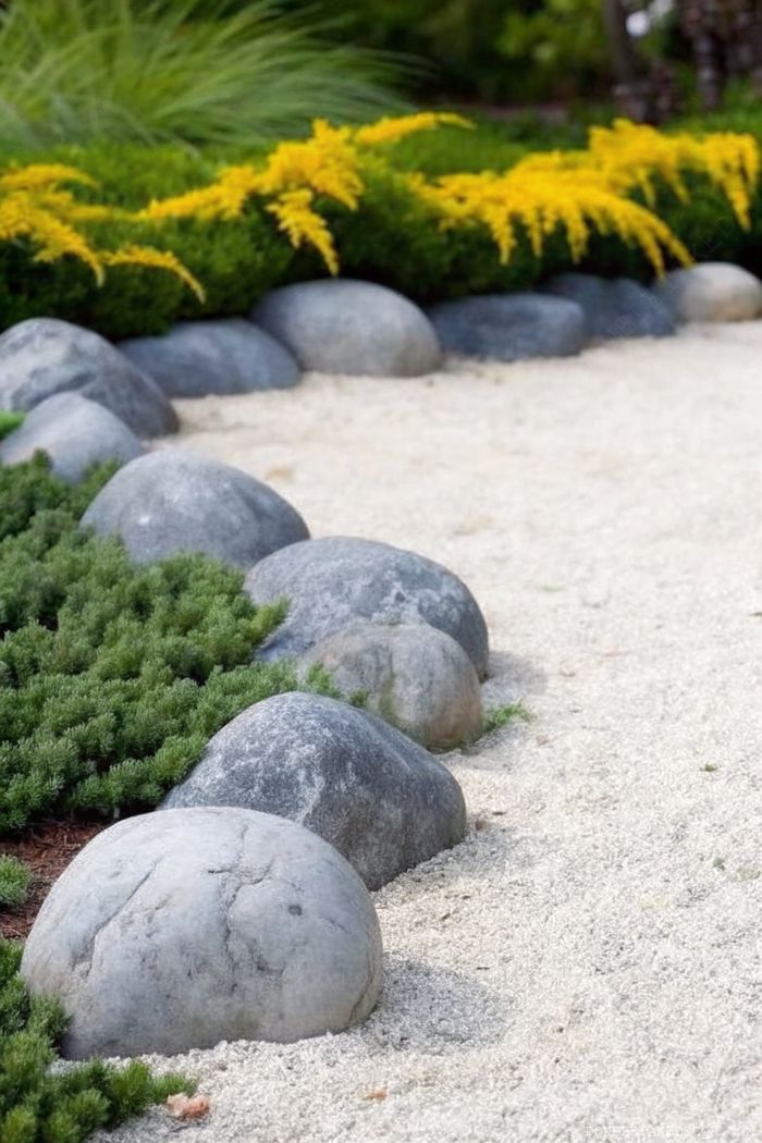 Glatte, graue Steine grenzen auf kunstvolle Weise einen sandigen Weg ab. Dazwischen wachsen Bodendecker und leuchtend gelbe Blüten für eine ruhige Gartenatmosphäre.