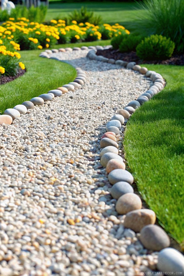 Ein geschwungener Gartenweg aus glatten Kieseln, eingefasst von größeren Steinen, umgeben von sattgrünem Gras und gelben Blumen.