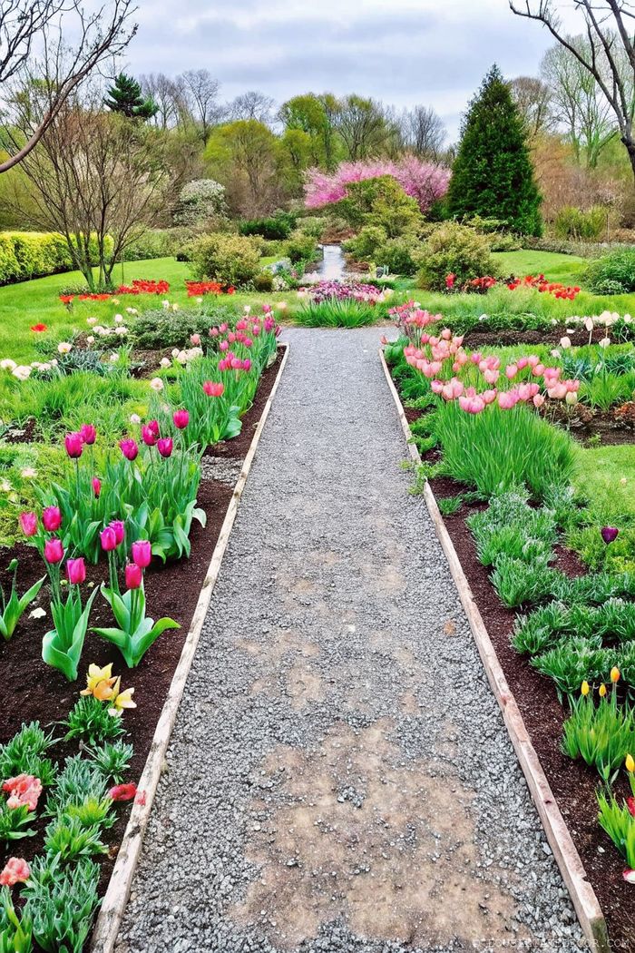 Schöner Garten mit zentralem Kiesweg, gesäumt von kräftig pinken, violetten und weißen Tulpenbeeten, die klar voneinander abgegrenzt sind.