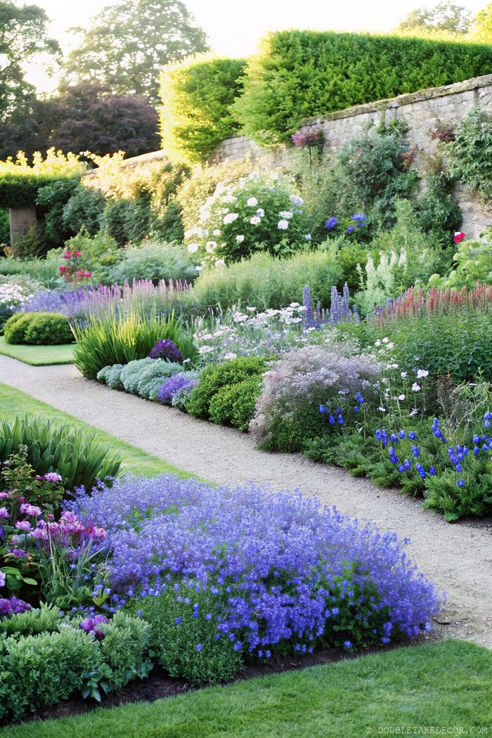 Toll gestalteter Garten mit violetten, pinken und weißen Blumen an einem Kiesweg, der mit Sträuchern und Gras sauber eingefasst ist.