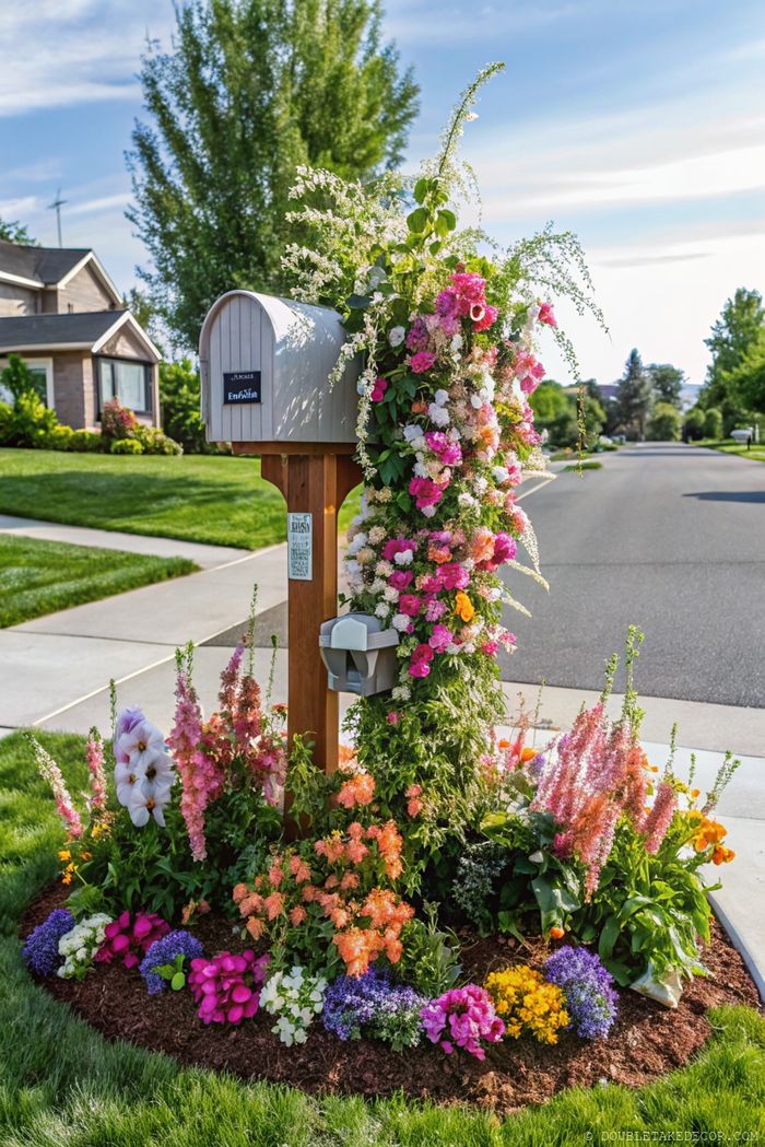 Classic mailbox with cascading flowers in pink, white, orange and purple, surrounded by mulch and lush grass