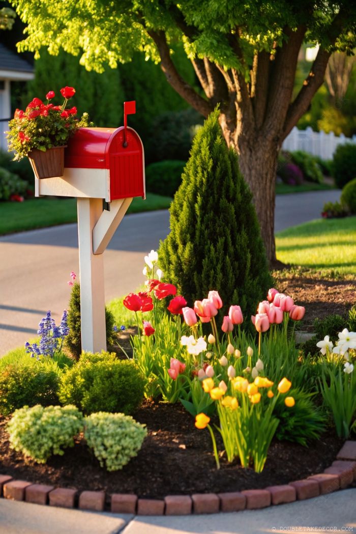 Classic red mailbox with flower pot attachment surrounded by colorful tulips, creating an inviting front yard landscape