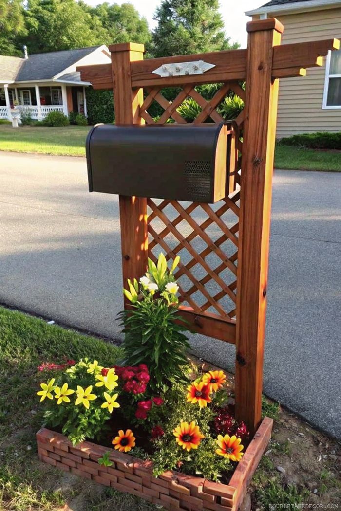 Elegant wooden mailbox stand with decorative lattice panel and black mailbox above a colorful flowerbed of yellow, red, and orange flowers.