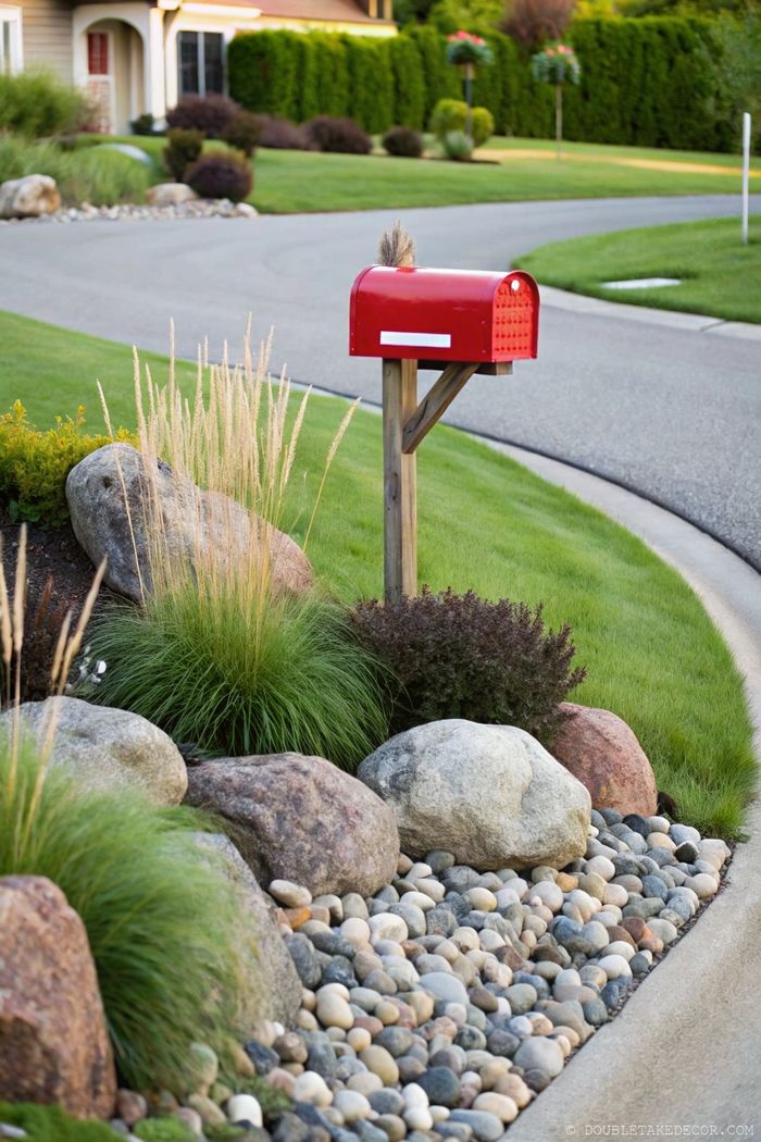 Bright red mailbox with white stripe on wooden post, surrounded by lush green grass, ornamental plants, and artfully arranged smooth stones.
