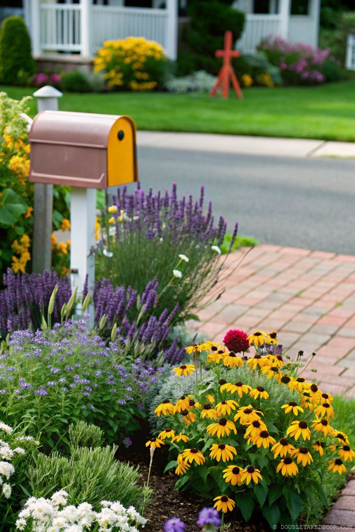 Colorful front yard garden with yellow coneflowers, purple lavender, and blue flowers surrounding a rustic brown mailbox with yellow top on a brick pathway.