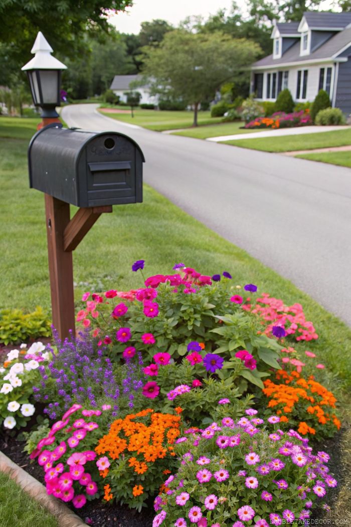 Black mailbox on wooden post with decorative lamp, surrounded by colorful pink, purple, and orange flowers enhancing curb appeal.