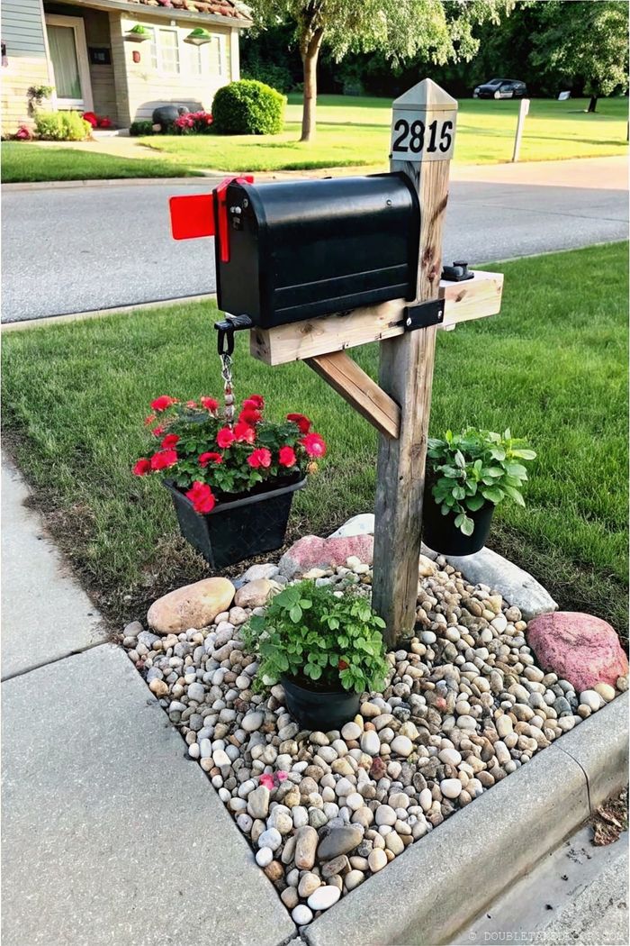 Black mailbox with house number 2815 on wooden post, surrounded by smooth stones and vibrant red potted flowers at driveway entrance