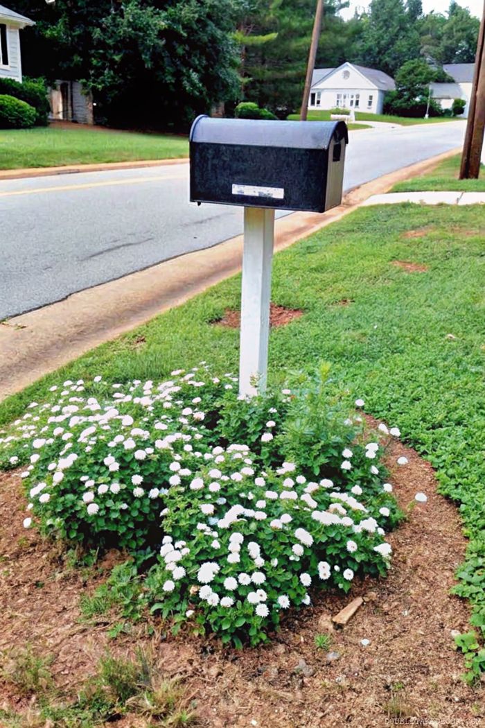 Black mailbox on white post surrounded by lush white flowers, creating a charming focal point in a peaceful neighborhood setting.