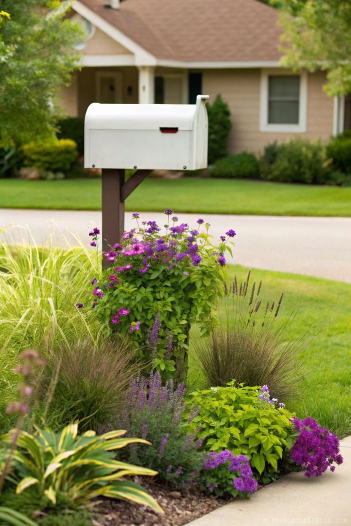 A white mailbox on a wooden post surrounded by vibrant purple and pink flowers, creating an inviting landscape against lush green grass.