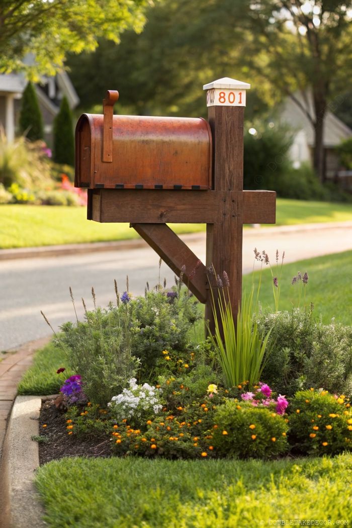 Rustic copper mailbox on wooden post displaying 