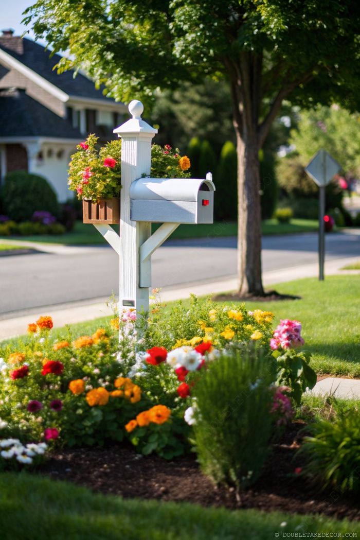 White mailbox on post with wooden planter and vibrant flower bed featuring marigolds, petunias, and geraniums amid a neat lawn.