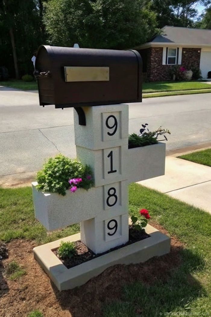Elegant dark brown mailbox mounted on a white concrete pedestal displaying 