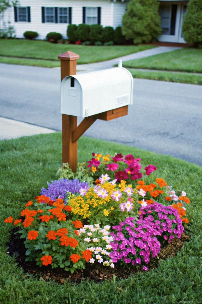 A white mailbox on a wooden post surrounded by a colorful flower bed with red, orange, purple, and yellow blooms against a neat suburban backdrop.