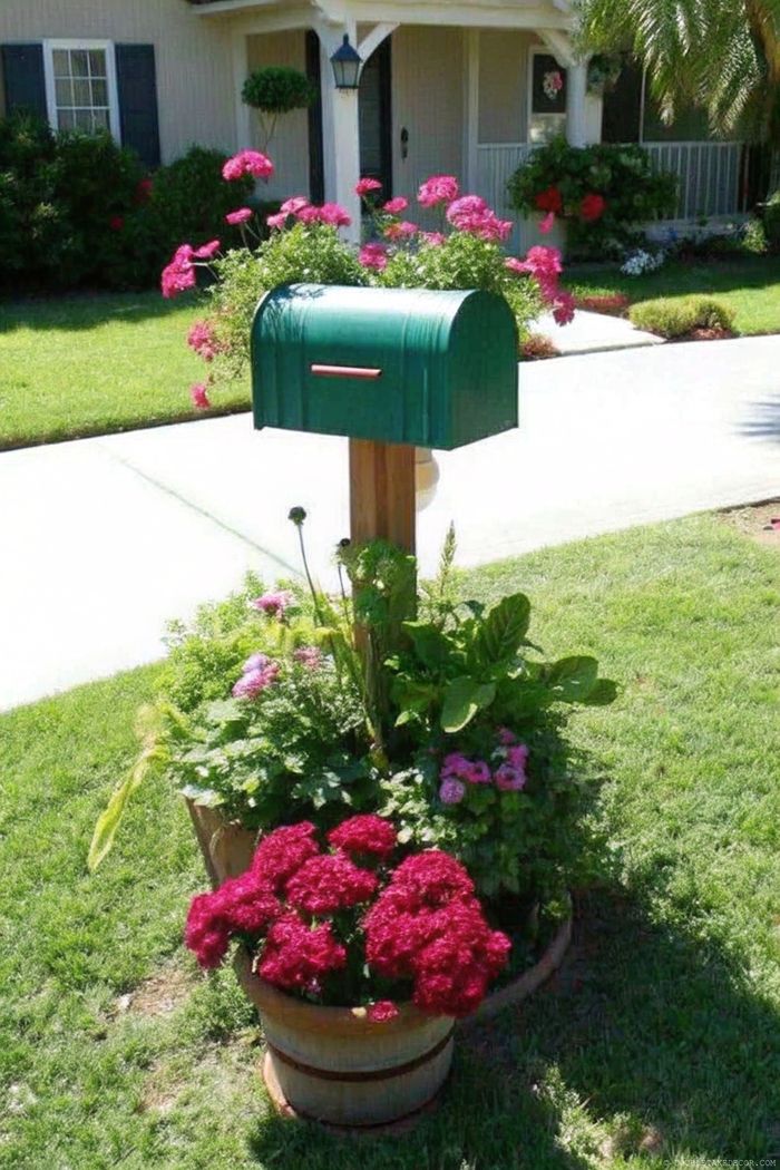 Charming green mailbox on wooden post surrounded by vibrant red and pink flowers in a large planter, creating welcoming curb appeal.