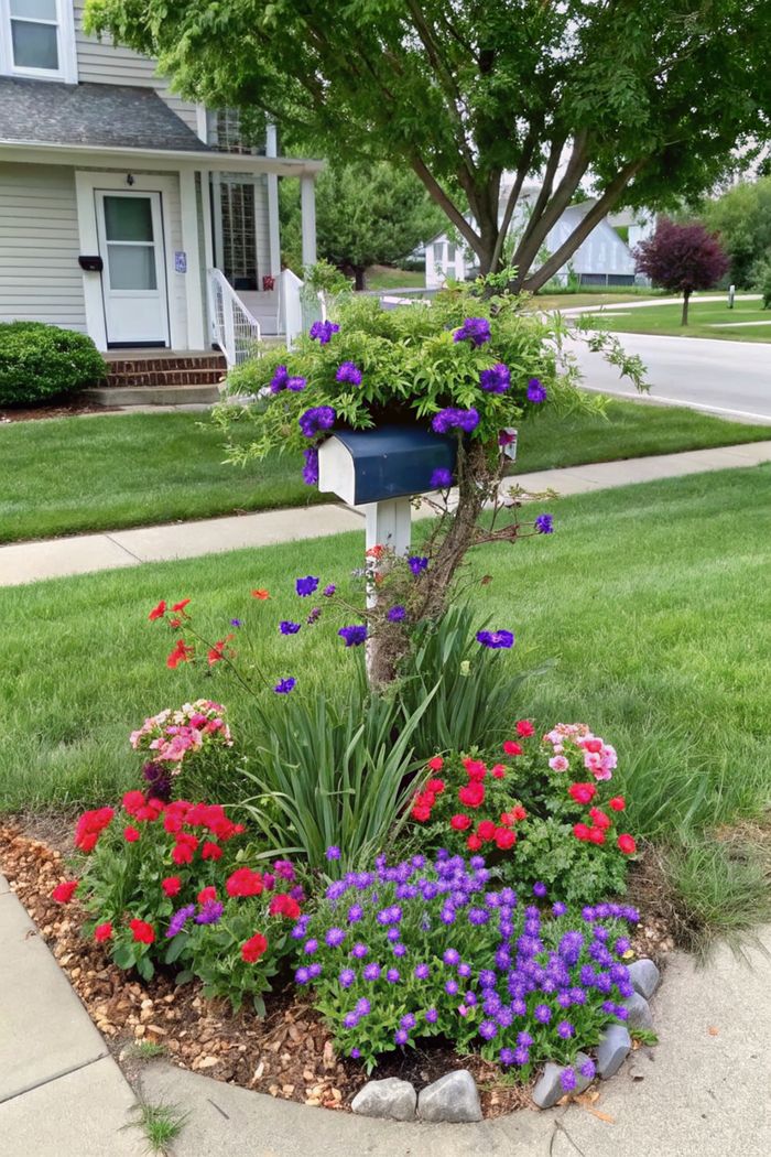 Classic blue mailbox on wooden post surrounded by colorful flower bed with red geraniums, purple asters, and pink petunias, bordered by stones.