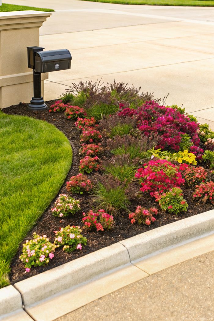 Beautifully curved garden bed with pink and purple flowers surrounding a mailbox on a decorative post, neatly edged against lush grass.