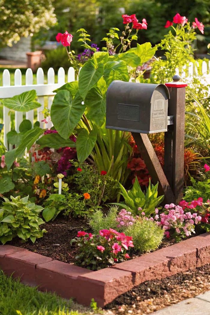 Charming garden bed surrounds a dark mailbox with red cap, featuring colorful flowers in pink, orange, and purple with brick border.