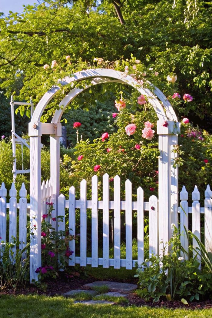 Charming white wooden archway with blooming roses creates an inviting entrance to a lush garden with picket fence and stone pathway.