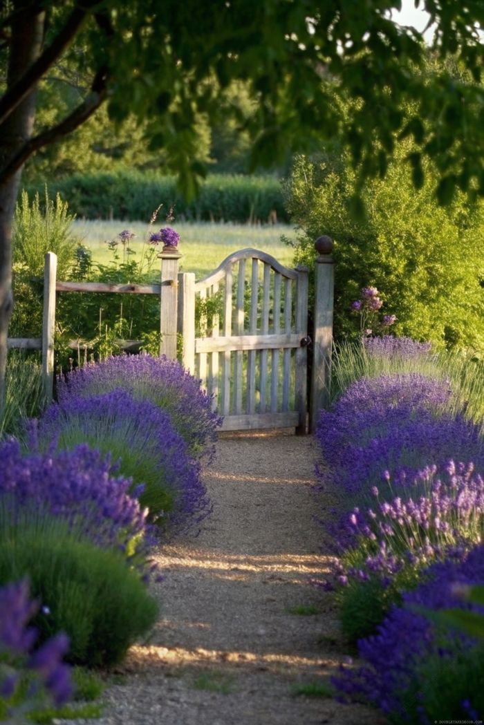Serene gravel pathway bordered by blooming lavender leading to a wooden gate in a lush, sunlit garden