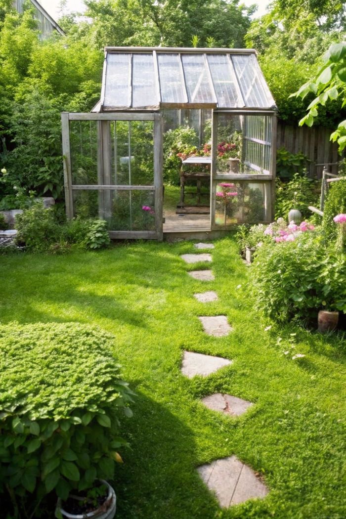 Serene garden scene with a wood and glass greenhouse surrounded by lush greenery and connected by a stone pathway