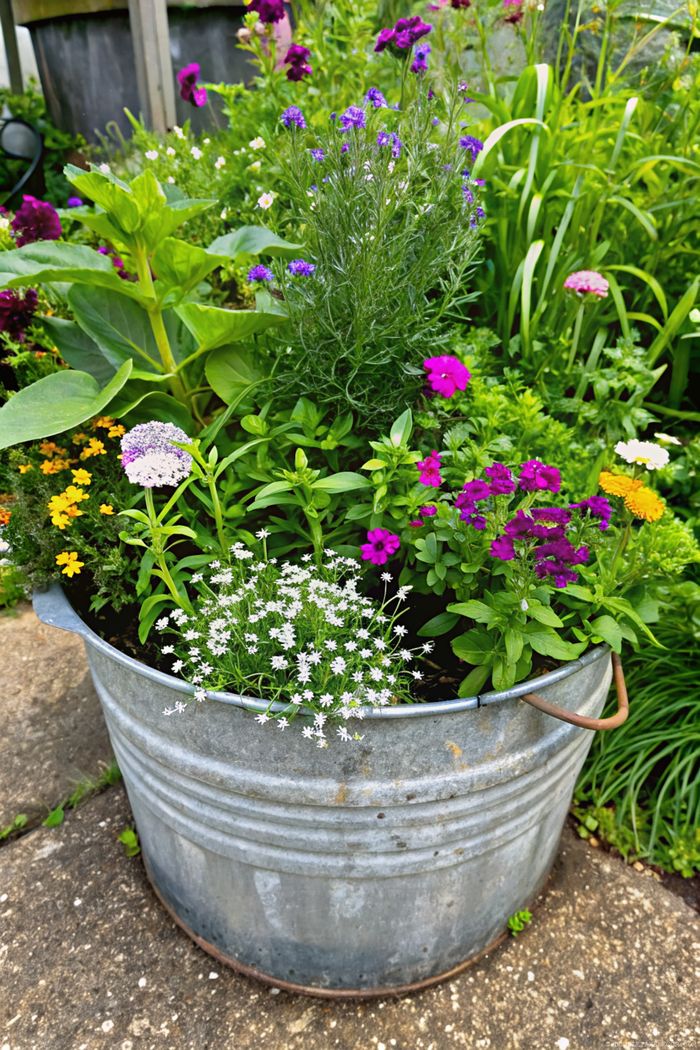 Rustic galvanized metal tub overflowing with vibrant purple, pink, yellow and white flowers in a lush garden setting, perfect for shabby chic decor.