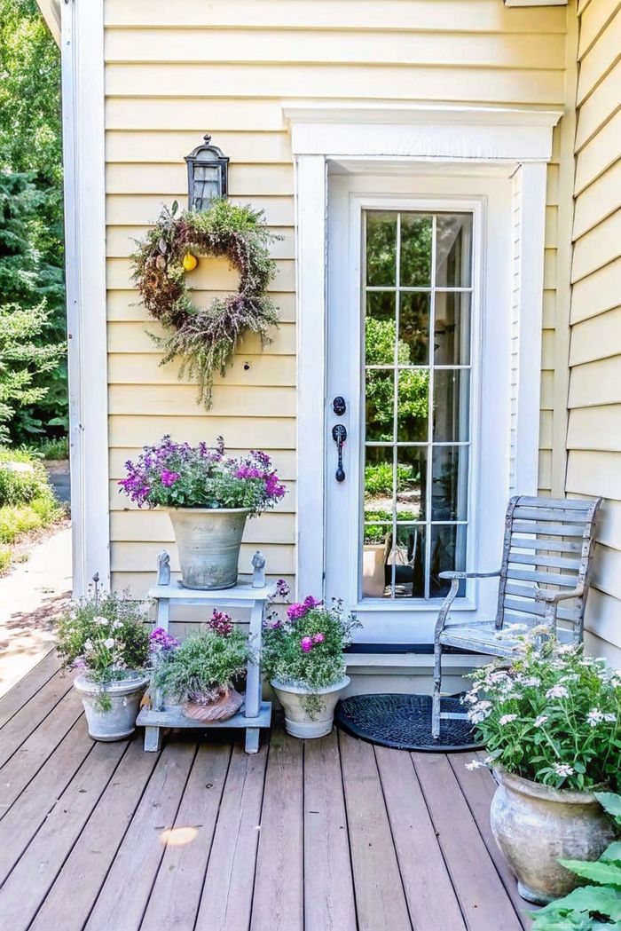 Inviting home entrance with yellow siding, glass door, natural wreath, and colorful potted flowers on wooden deck with rustic elements.