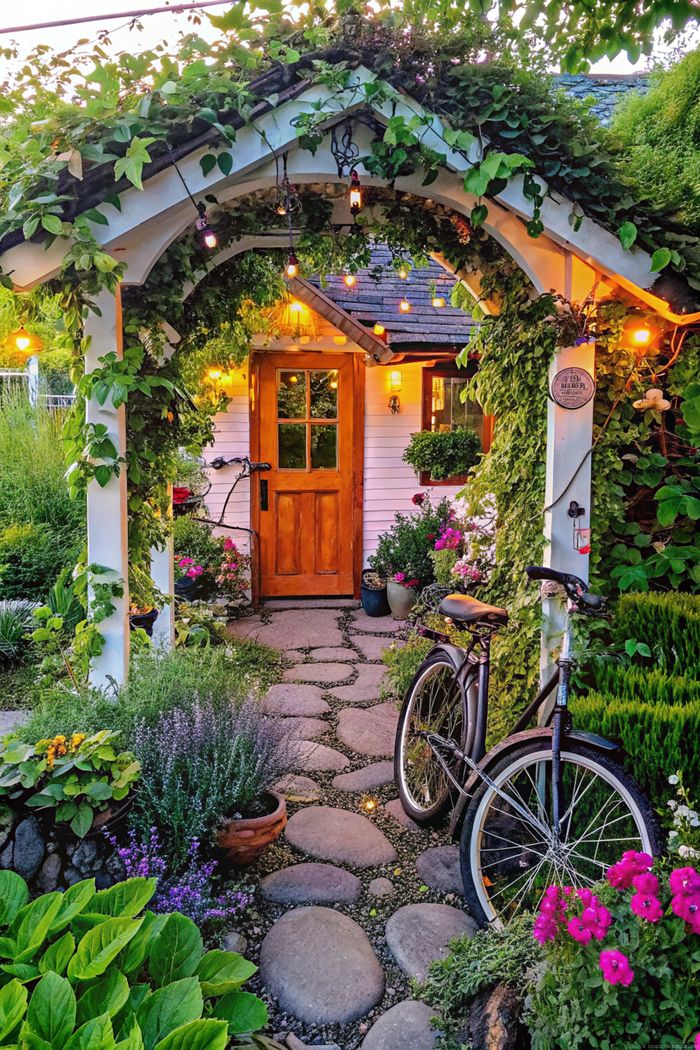 Charming garden entrance with wooden door, stone path, bicycle, climbing plants, and string lights creating a whimsical shabby chic atmosphere.
