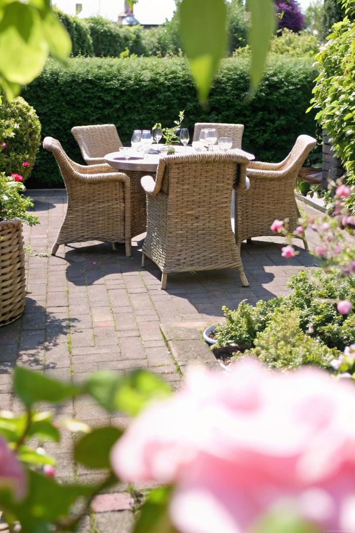 Serene outdoor dining area with wooden table and wicker chairs on a brick patio, surrounded by lush hedges and colorful flowering plants