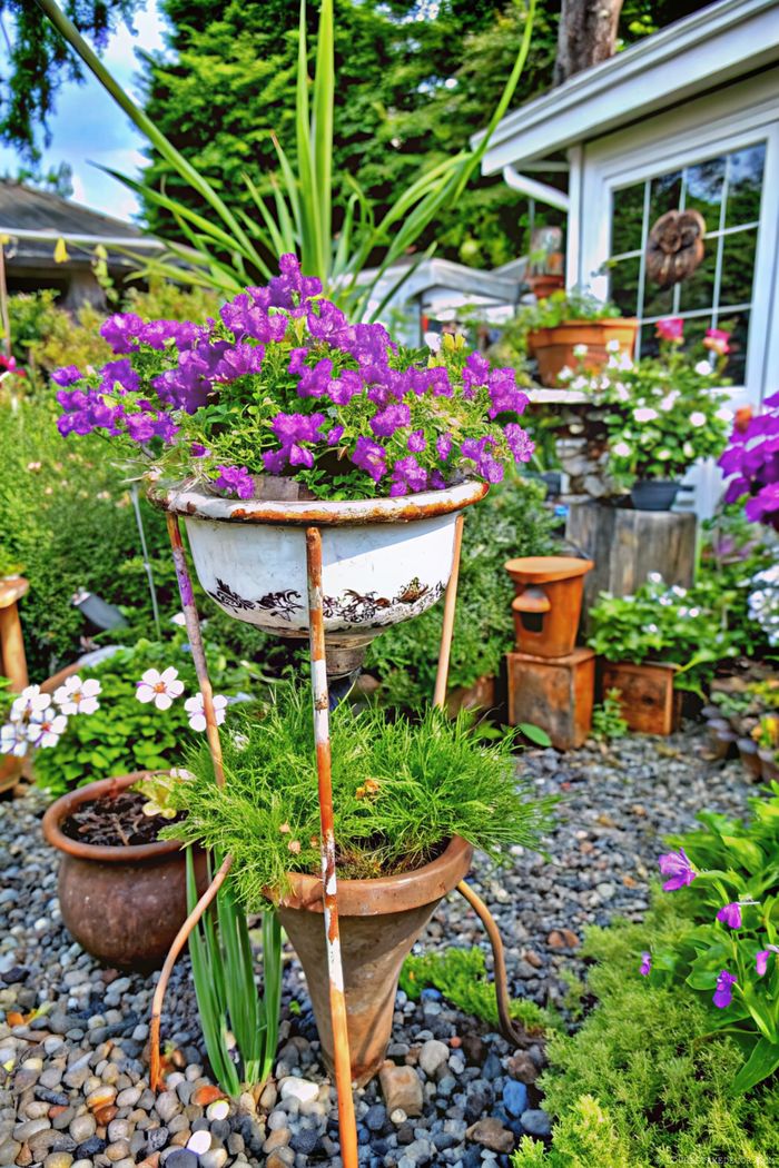 Charming shabby chic garden featuring a white vintage pot with purple flowers on metal legs, surrounded by terracotta planters and pebbles
