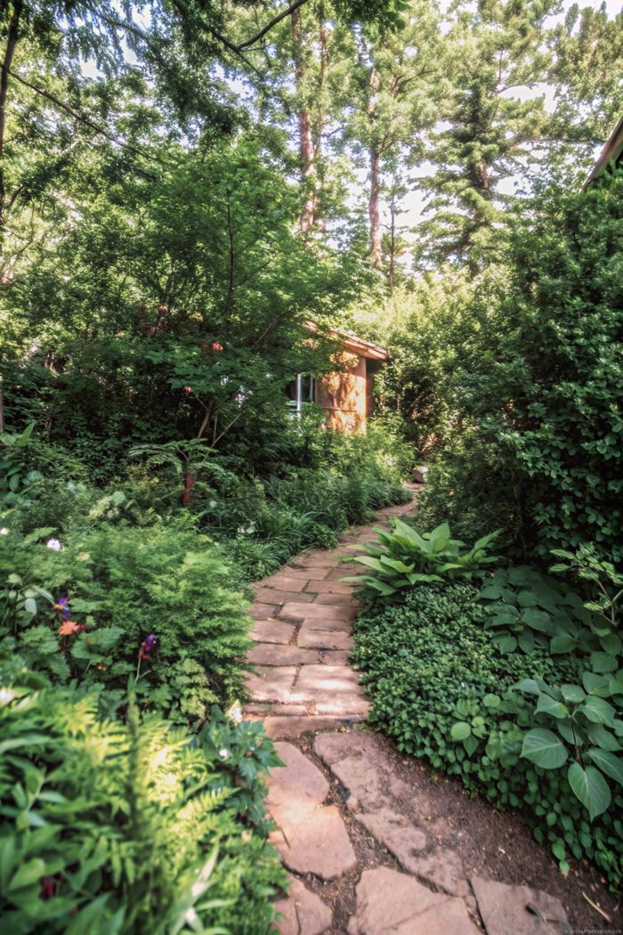 Serene stone pathway winding through lush greenery and colorful blooms, leading to a cozy retreat framed by tall trees.