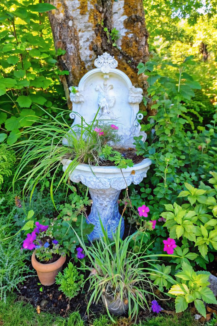 Whimsical garden featuring an ornate white planter with relief designs surrounded by colorful flowers and lush greenery under a mature tree.