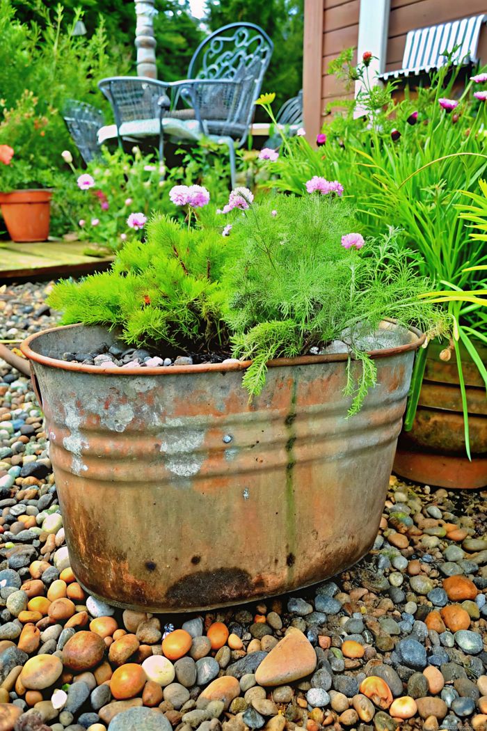 Rustic metal planter with patina finish containing lush greenery and flowers, set on decorative pebbles in a serene garden setting.
