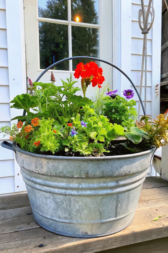 Vibrant flowers in a galvanized metal container on wooden surface, showcasing shabby chic garden style with colorful blooms.