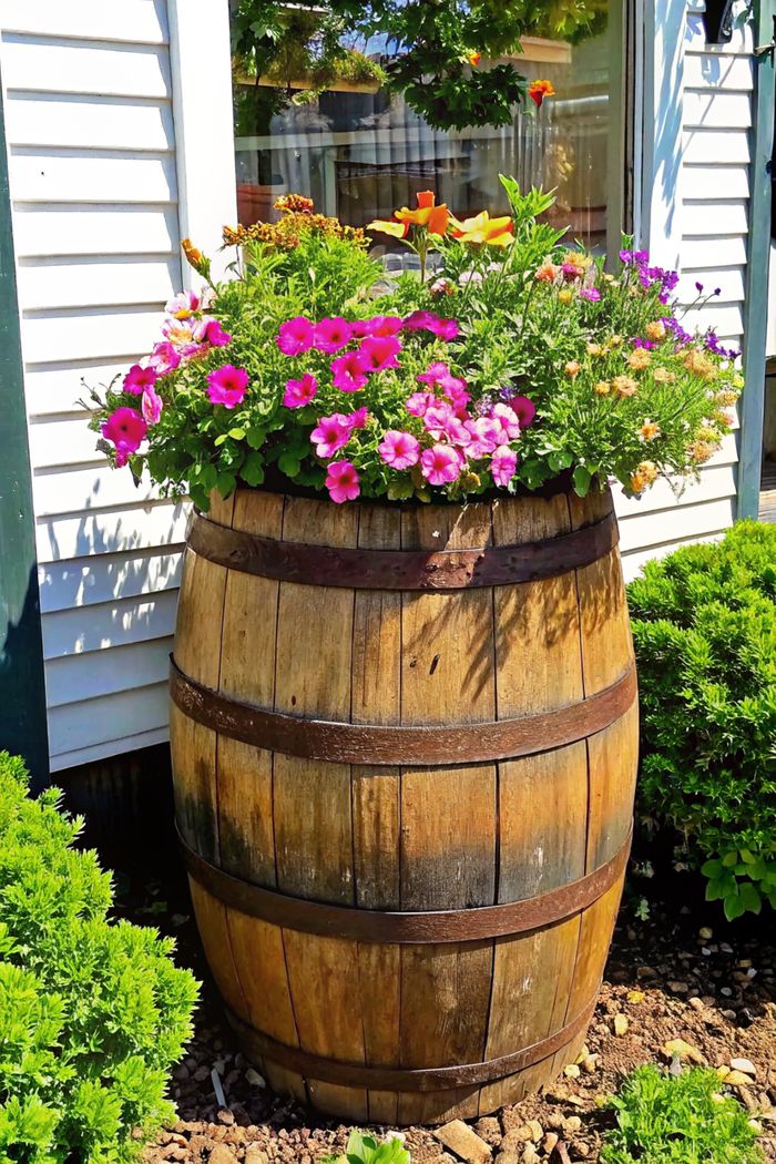Weathered wooden barrel planter filled with vibrant pink petunias, orange lilies, and purple flowers against a house wall in a shabby chic garden setting.
