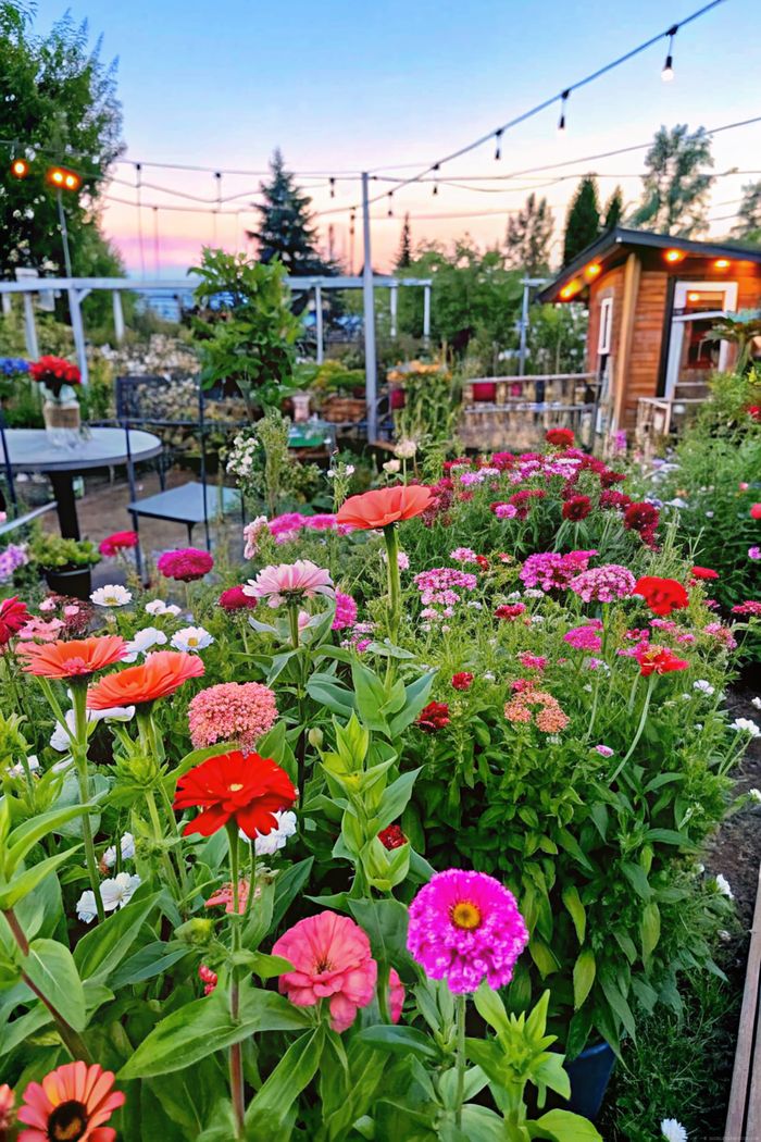 Lush garden with vibrant flowers under warm string lights, featuring a charming wooden shed and inviting seating area at sunset.