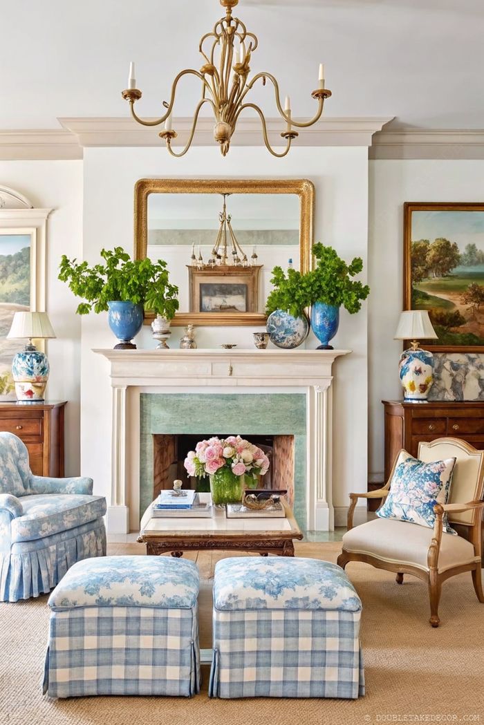 Wohnzimmer im klassischen Stil mit grünem Kaminsims, Bildern, frischem Grün in Vasen, ergänzt durch blaue Möbel und pinke Pfingstrosen.