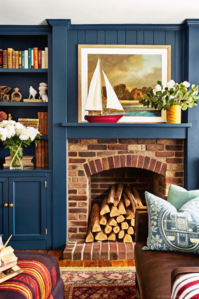 Gemütliches Wohnzimmer mit dunkelblauen Wänden, dekoriertem Sims mit Segelboot, Bücherregalen, weißen Sommerblumen und gelbem Blumentopf.