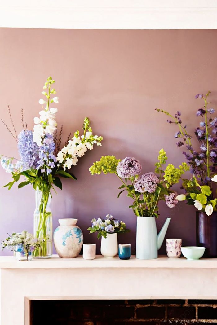 Sommerlicher Sims mit verschiedenen Blumenvasen wie blauen Rittersporn, weißen Löwenmäulchen und Vergissmeinnicht vor mauvefarbener Wand.