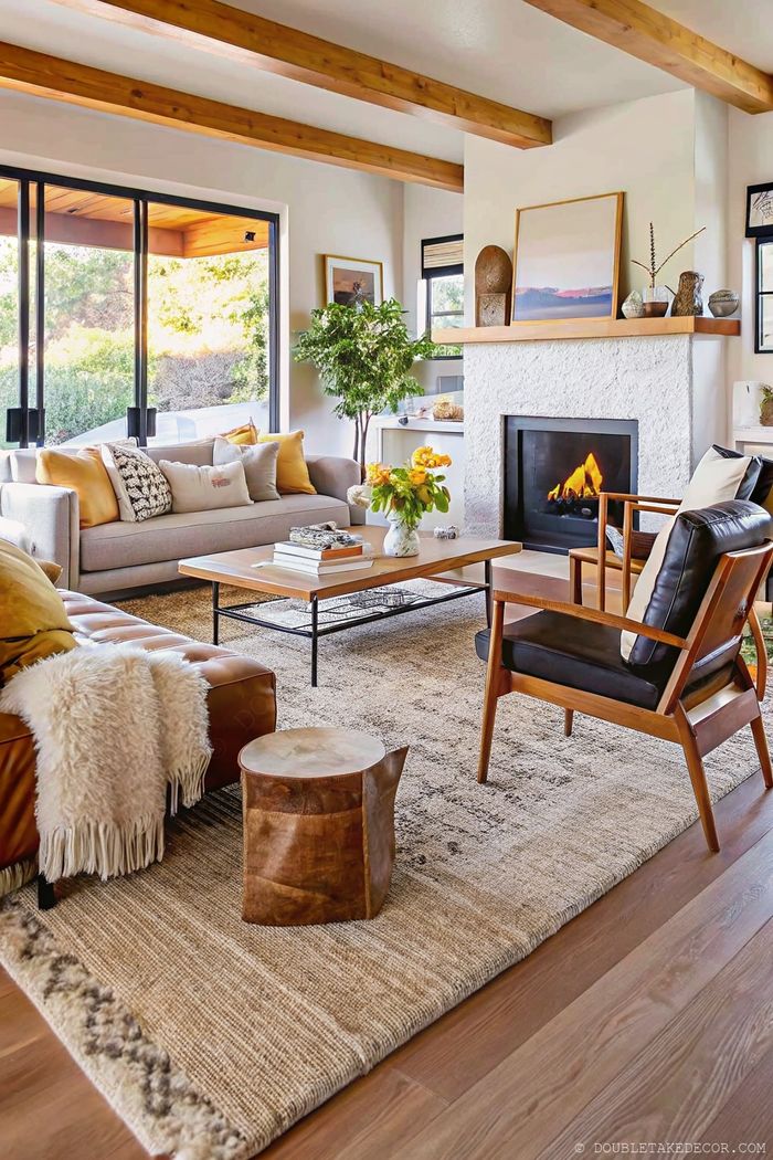 Warmes Wohnzimmer mit hellgrauem Sofa, Leder-Chaiselongue, Holztisch und weißem Steinkamin für modernen Landhausstil.